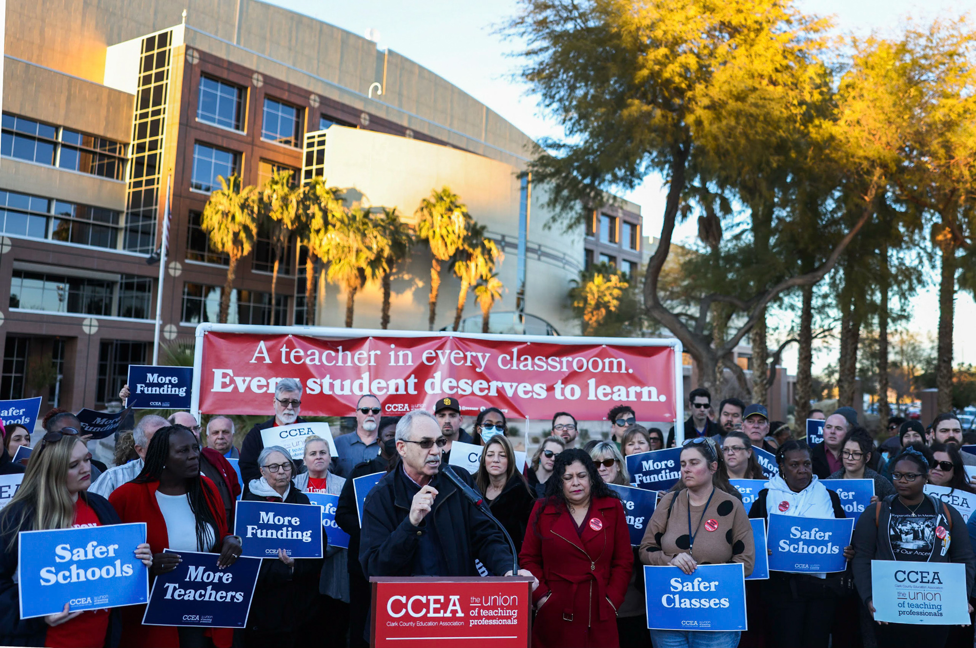 John Vellardita, Executive Director the Clark County Education Association, speaks during a rally in front of the Grant Sawyer State Office Building on Monday, Feb. 6, 2023, (Jeff Scheid/The Nevada Independent)